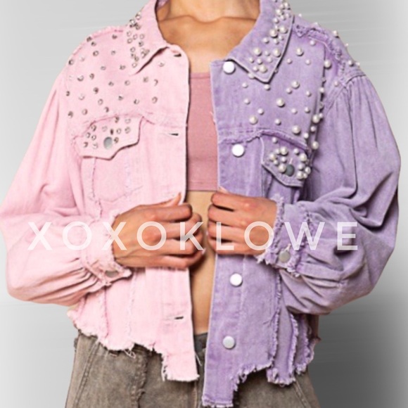 POL Jackets & Blazers - 1 S POL Princess Pearl & Diamond Embellished Lavender Denim Jacket